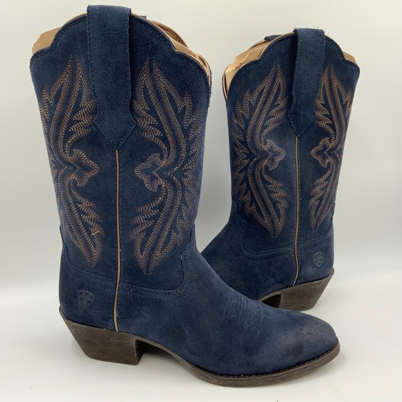 Ariat Womens Navy Suede Embroidered Cowboy Western Boots Size 9B.
